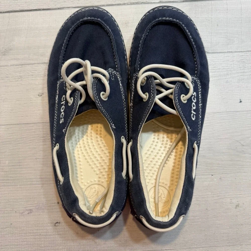 Crocs Hover Boat Shoe Nautical Navy Blue Canvas Lace Up Loafers Slip On Womens 9